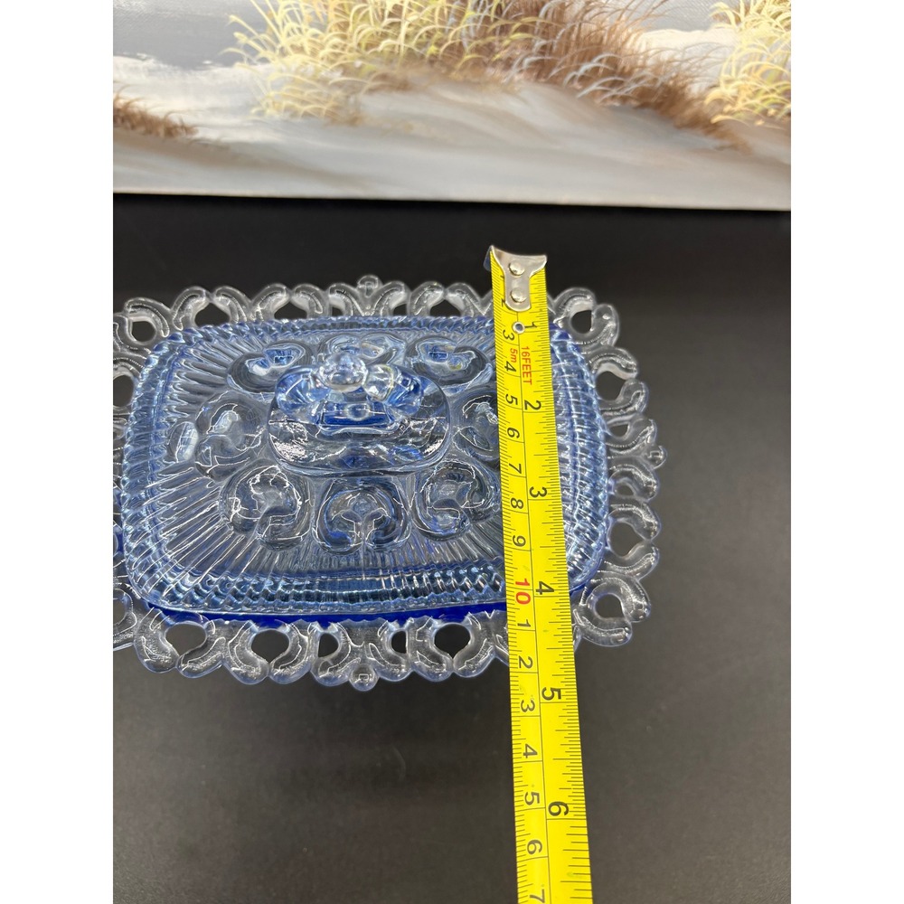 Vintage Indiana Glass Candy Dish & Lid Footed Pedestal Blue Ribbed Lace Edge - Picture 10 of 10